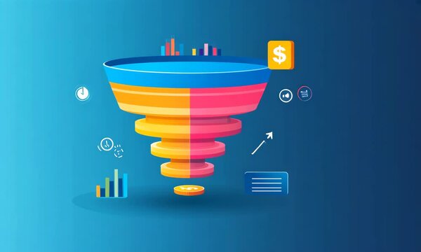 Colorful funnel graphic illustrating data analysis and conversion rates with financial icons
