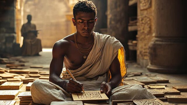 A Scholar Engaged in Writing Within the Ancient Library Surrounded by Scrolls