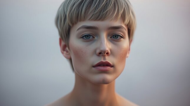 Serene beauty androgynous  portrait captured during twilight with soft natural light highlighting delicate features