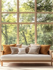 Fototapeta premium Bright wooden sofa with pillows standing under big window