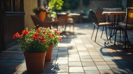 An outdoor cafe setup featuring a row of terracotta pots with red flowers, providing shade and adding to the ambiance.