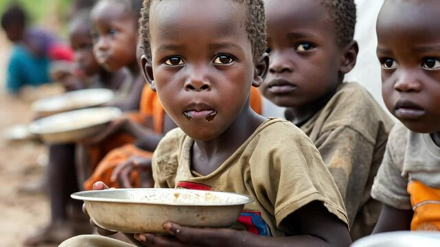 Little black boy eats from bowl with group of children