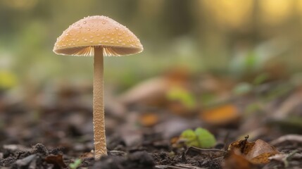 A close-up of a mushroom stem with tiny water droplets on its surface, set against a blurred background of dark earth and surrounding vegetation