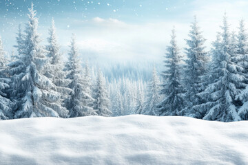 Fototapeta premium Snowy Winter Forest Background with Copy Space and Blue Sky