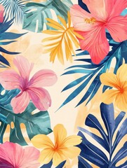 Obraz premium Colorful tropical on summer tone background. Abstract watercolor texture wallpaper with sun, leaves, flower, and palm leaf in line art pattern. Design for cover, banner, print, wall art, decoration.