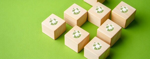 Fototapeta premium Wooden blocks display recycling symbols on a bright green background