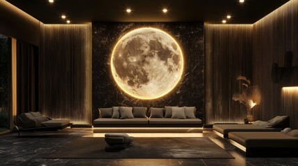 Obraz premium Elegant lounge area with a celestial moon relief feature wall, bathed in soft golden LED illumination. 3D rendering