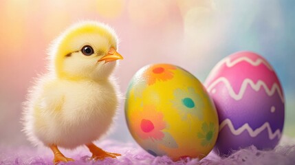 Colorful decorated eggs in basket with chick in the background.
