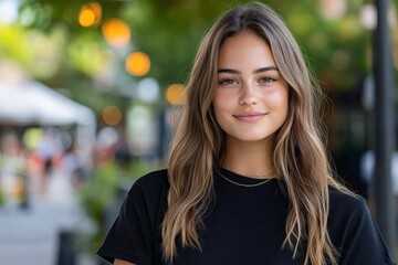 Obraz premium A confident young woman stands outdoors, wearing a casual t-shirt and showcasing her radiant smile. Her approachable demeanor embodies youthfulness and serenity in a busy urban setting.