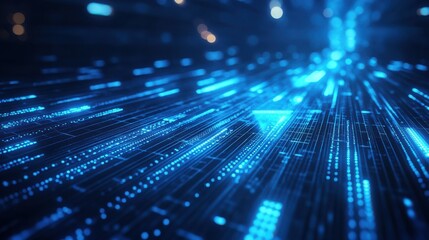 Abstract blue arrow background with digital grid creates dynamic and modern visual. vibrant blue tones and geometric patterns evoke sense of technology and innovation