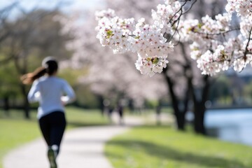 A woman jogs along a scenic path lined with vibrant cherry blossoms, showcasing the beauty of nature and the joy of outdoor exercise amidst blooming flowers.