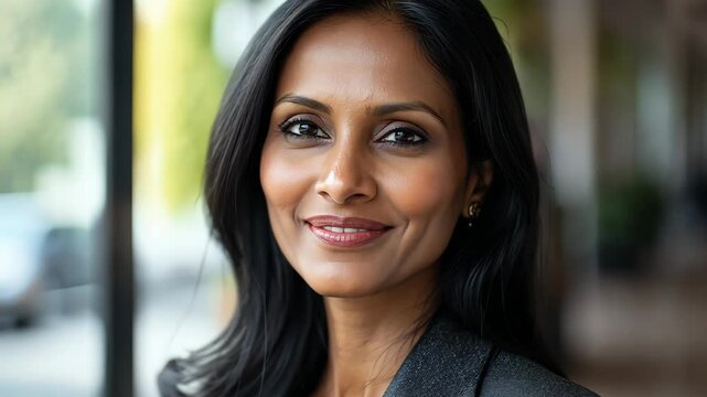 Elegant middle aged indian woman posing in her office 