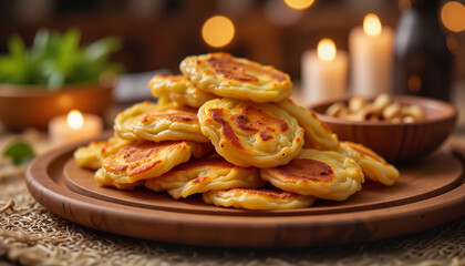 Colorful Tklapi stacked on wooden platter, cozy dinner ambiance