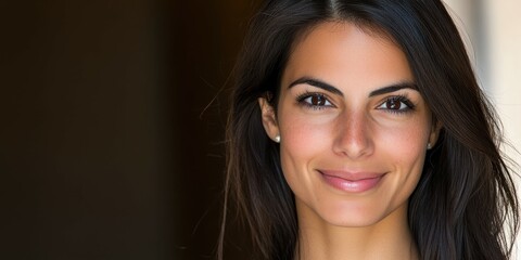 Naklejka premium A woman with long dark hair smiles warmly in a softly lit indoor space. Her natural beauty and radiant expression create an inviting atmosphere