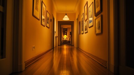 A cozy and inviting hallway with wooden flooring, soft lighting, and framed pictures on the walls, creating a warm atmosphere that welcomes guests