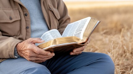 Individual with age lines engaged in prayer while reading an open Bible on a tranquil grassy landscape