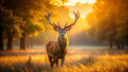 Majestic Stag Silhouetted Against a Golden Autumnal Sunset in a Serene Meadow