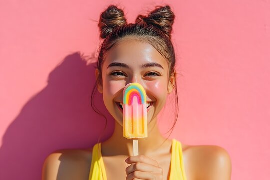 A young woman holds up an ice cream popsicle in front of her face, grinning with bright teeth against the backdrop of a solid color background