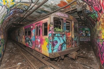 Fototapeta premium Abandoned Subway Tunnel with Graffiti Murals A long-forgotten subway station
