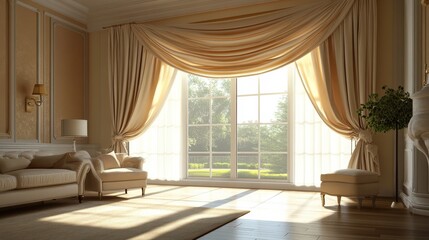 Fototapeta premium A visual showcasing Roman blind curtains as part of the living room decor. The curtains, with their classic and elegant folds, enhance the aesthetic of the space,