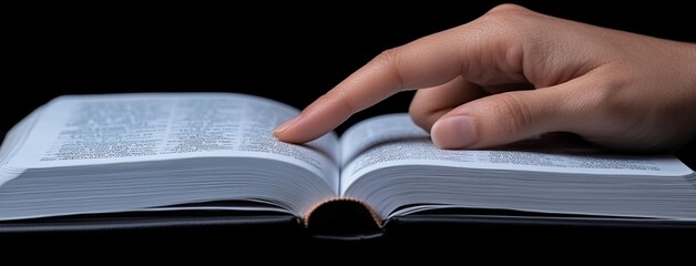 A male hand is gently touching the text of an open Bible, highlighting a moment of reflection or study in a tranquil setting