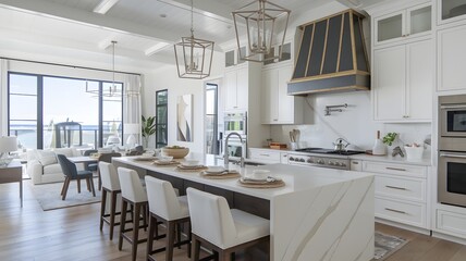 Fototapeta premium Designer kitchen with white marble countertops, stainless steel appliances, and a spacious layout.