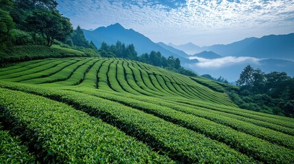 Lush terraced tea fields, misty mountain backdrop, tranquil landscape