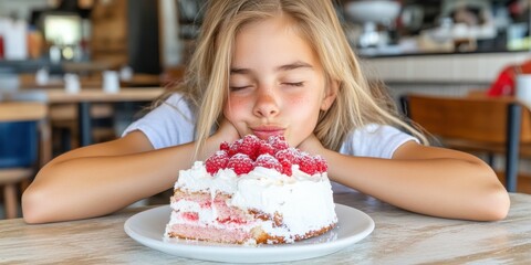 A young girl with long hair rests her chin on her hands, gazing joyfully at a large raspberry cream cake in a warm cafe setting during daylight