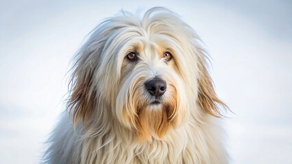 Fluffy Sheepdog Posing Calmly on White Background - Stock Photo