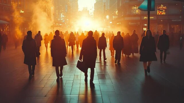 Cityscape Silhouette: A bustling urban landscape is rendered in silhouette, with a multitude of people walking, set against a warm, atmospheric sunset, evoking the energy of city life.