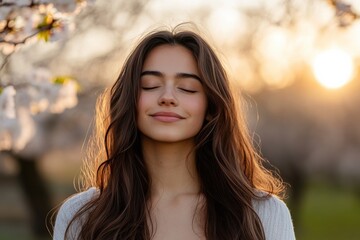 A content young woman with a gentle smile stands amidst blooming cherry trees, illuminated by warm sunset light, capturing a tranquil moment of happiness and natural beauty.