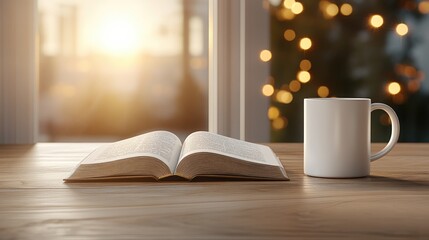 Fototapeta premium A bright coffee mug sits beside an open Bible on a sunlit table, with warm natural light streaming through the window and greenery outside