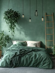 Bed between ladder and plant in green boho bedroom interior with grey carpet under lamps