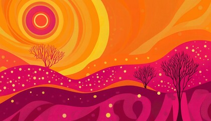 Vibrant Abstract Landscape with Stylized Trees and Sun Rays