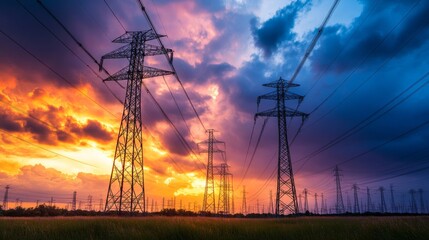 Fototapeta premium A dramatic shot of tall steel electricity transmission towers against a backdrop of stormy skies, capturing the power and majesty of energy infrastructure