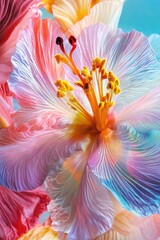 Fototapeta premium Colorful hibiscus blossom with green stem and yellow pistils