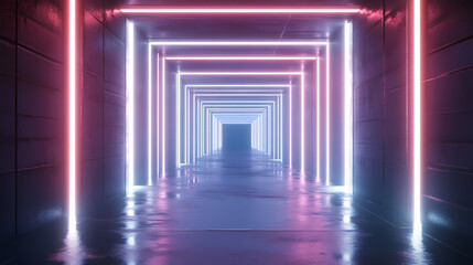 Infinite mirror tunnel with white neon lights, tunnel, glowing. Infinity Mirror Corridor. Illustration