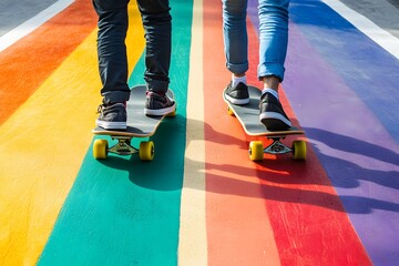 Two people are skateboarding on a rainbow-colored crosswalk, where the colors of each strip represent different pride flag colors