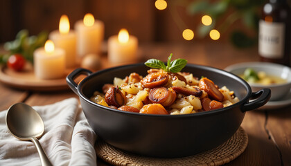 Cozy evening meal with hearty winter stew on a rustic table, comfort food