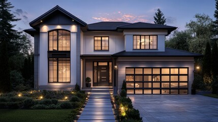 High-tech suburban home at night, its geometric features highlighted by recessed LED strips. 3D rendering