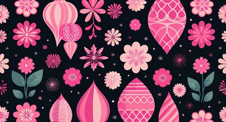 pink decorative patterns abstract cartoon on plain dark black background illustration