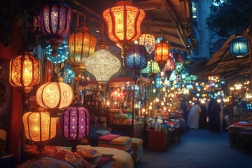 Obraz premium A vibrant night market with many colorful lanterns and handcrafted goods for sale.
