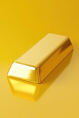 A single shiny gold bar sits on a yellow reflective surface