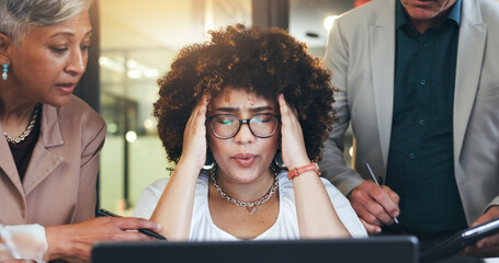 Business woman, stress and headache in team, anxiety or pressure in burnout or overworked at...