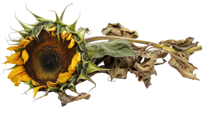 Withering sunflower with dried leaves on transparent background