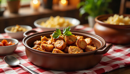 Delicious bigos served in rustic bowl on checkered tablecloth, comfort food