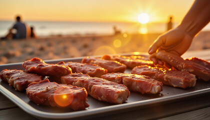 Grilling picanha on platter at beachside sunset, relaxed dining vibes