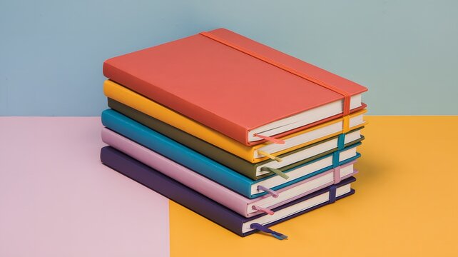 A set of hardcover journals in vibrant colors, stacked neatly.