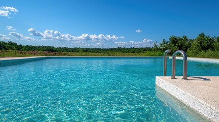 A tranquil outdoor swimming pool scene with clear blue water