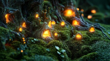 Enchanted forest scene with glowing houses nestled among lush green moss and textured tree bark in magical woodland setting